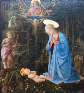 Gemäldegalerie – 55: Fra Filippo Lippi Um 1459 – Maria, das Kind verehrend, mit dem Johannesknaben und dem hl. Bernhard (Die Anbetung im Walde)