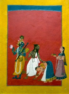 Pergamonmuseum — 7: Krishnas Frauen ehren den Weisen Narada mit Betelpäckchen. Indien (Mankot), um 1700-1725