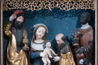 Bode-Museum — 2: Flügelretabel mit der Anbetung der Heiligen Drei Könige im Schrein, Oberbayern (München?), 1519 (detail)