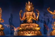 Östasiatiskamuseet — 11: Manjushri, Avalokitesvara, Vajrapani. Copper, gilding, lacquer, pigments, semi-precious stones. China, Inner Mongolia, Dolon Nor workshop, Chahar (?), early-18th Century.