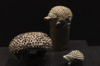 Östasiatiskamuseet — 7: Three finials decorated with hedgehogs. Bronze. 400 BCE – 100 CE