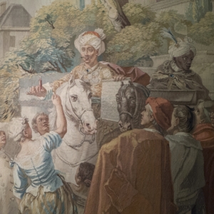 Grassi Museum für Angewandte Kunst — 40: Jahrmarktsszene. Gobelin aus der Serie “Die Dorffest”. Entwurf: Étienne Jeaurat, Paris, 1748 (detail)