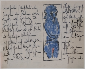 „Neuen Galerie” im Hamburger Bahnhof: Ernst Ludwig Kirchner — Hieroglyphen — 49: Seite eines Briefs an Erich Heckel mit Skizze nach afrikanischer Skulptur. 1910